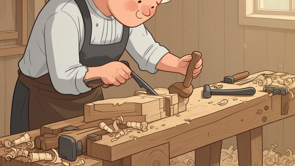 A craftsman uses a chisel and mallet to carve a mortise and tenon joint on a wooden workbench.