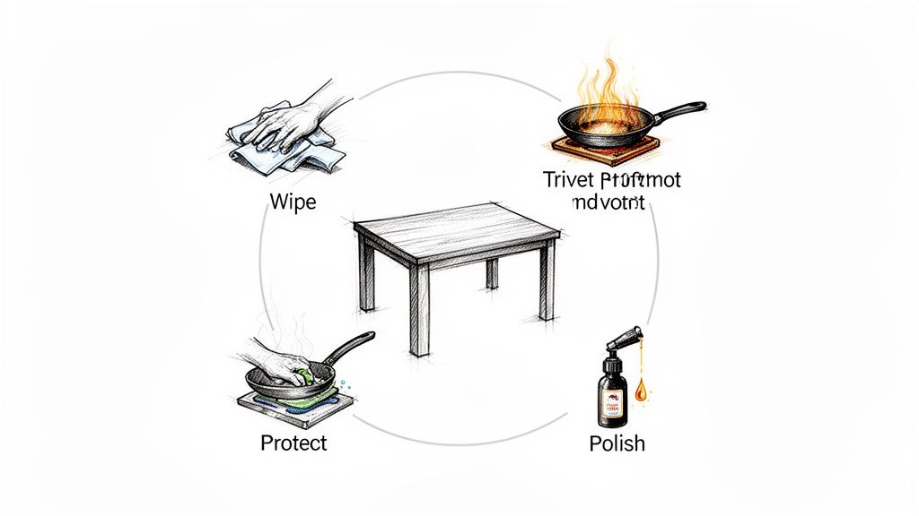 Illustrated guide demonstrating a complete cycle of wooden table maintenance including wiping, polishing, and protecting.