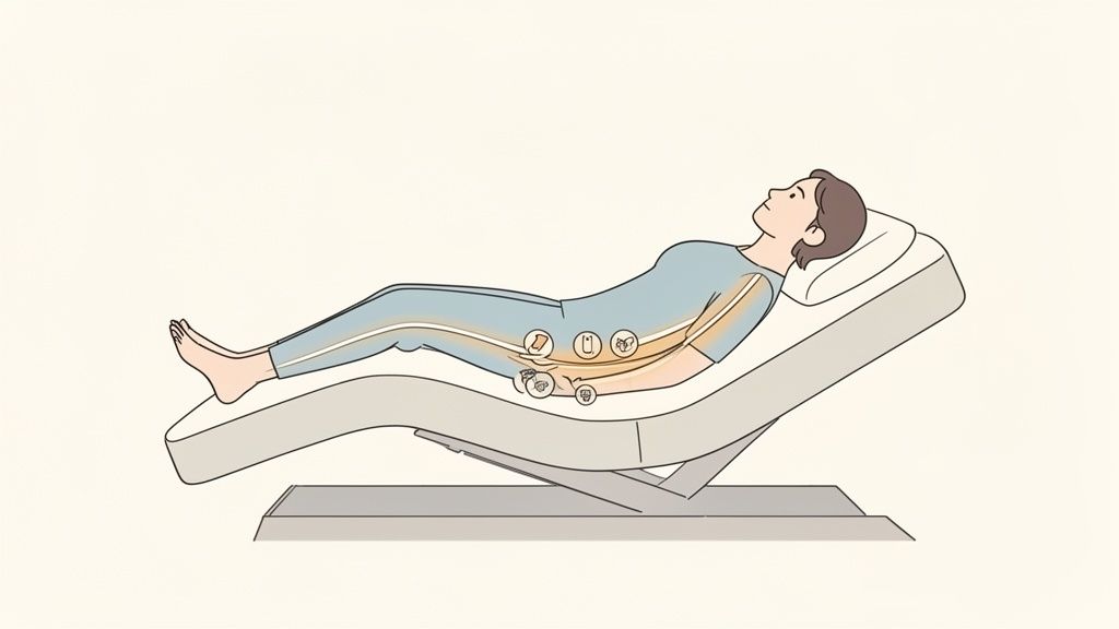 Illustration of a person relaxing on an adjustable bed with head and legs elevated, highlighting comfort.