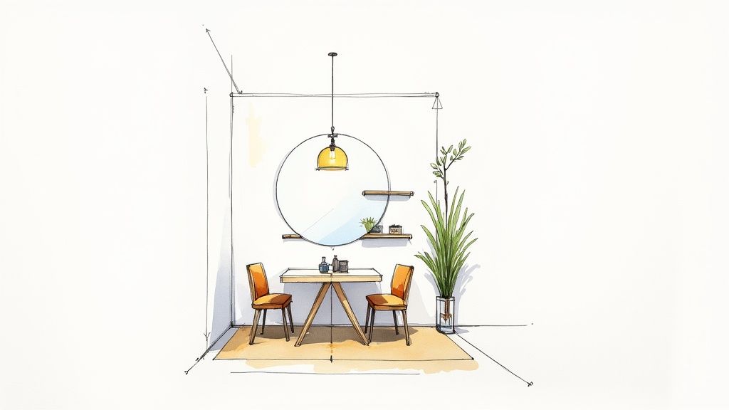 A small, well-lit dining area with a mirror on the wall reflecting light.