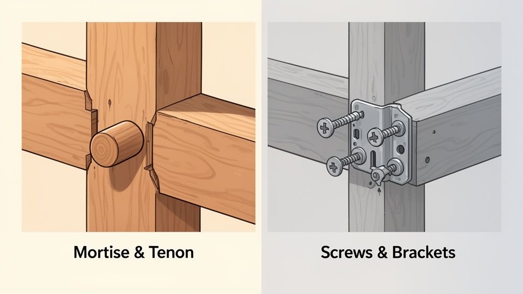 Illustrations comparing a traditional mortise and tenon wood joint with a modern screw and bracket connection.