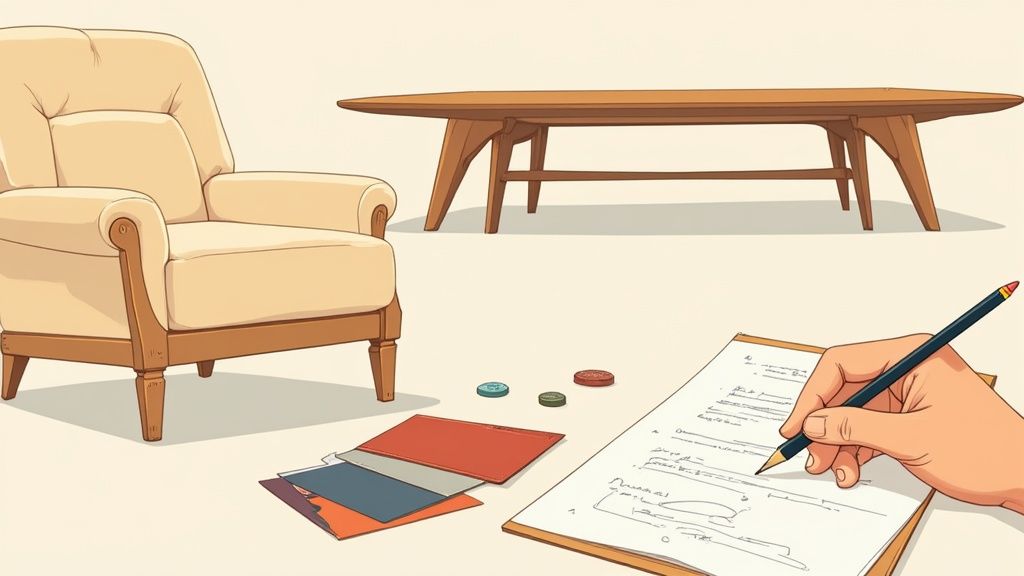 Hand writing on notepad with pencil, near armchair, coffee table, and color samples, for home design.