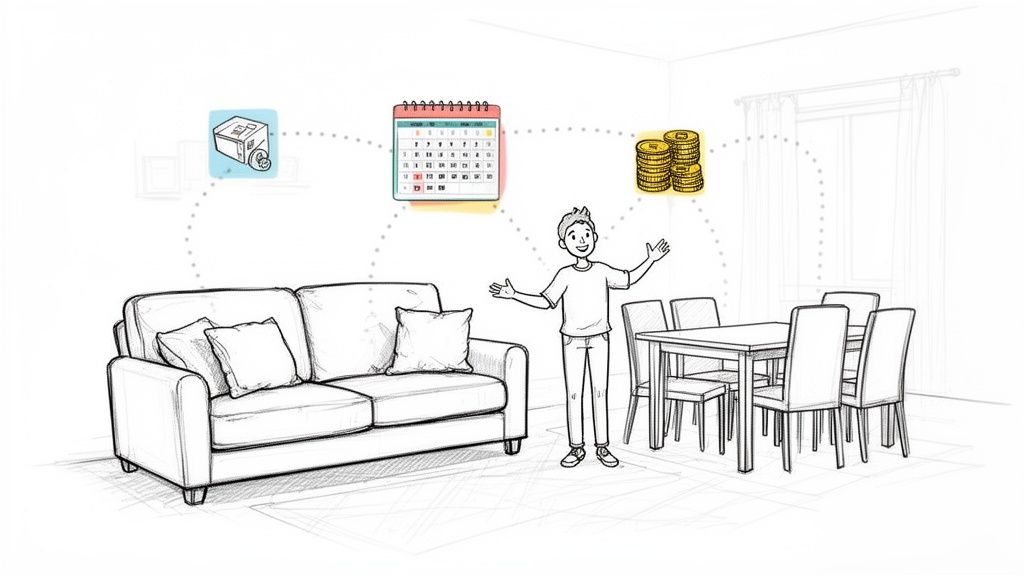 A man stands in a room with a sofa and dining table, surrounded by icons for moving, a calendar, and money.