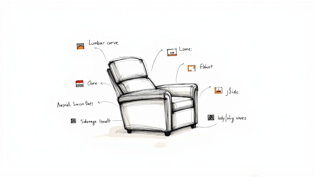 A close-up shot of the remote control for a modern recliner, highlighting the buttons for reclining and adjusting the headrest.