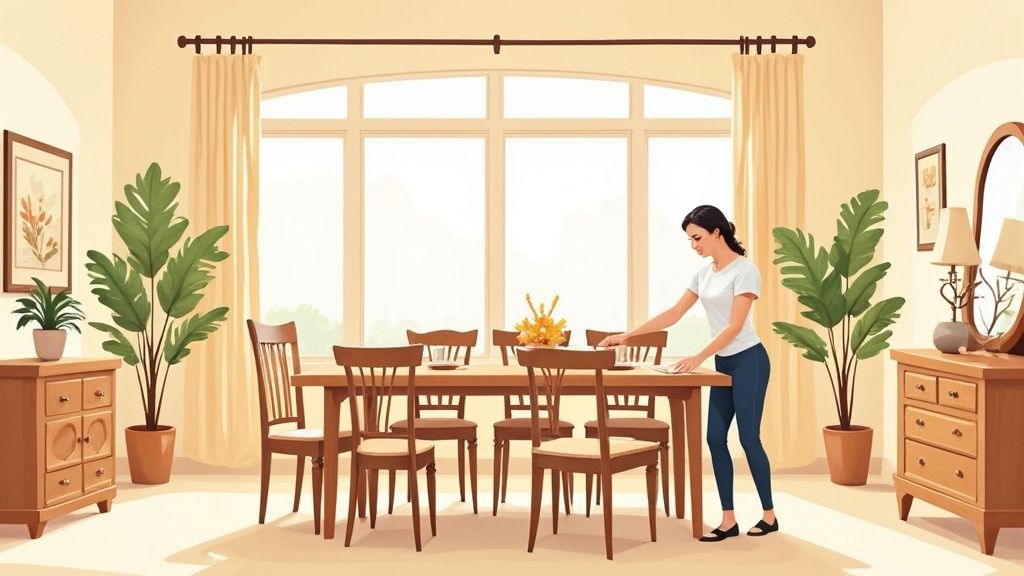 Woman cleaning and caring for wooden dining table in bright room with plants