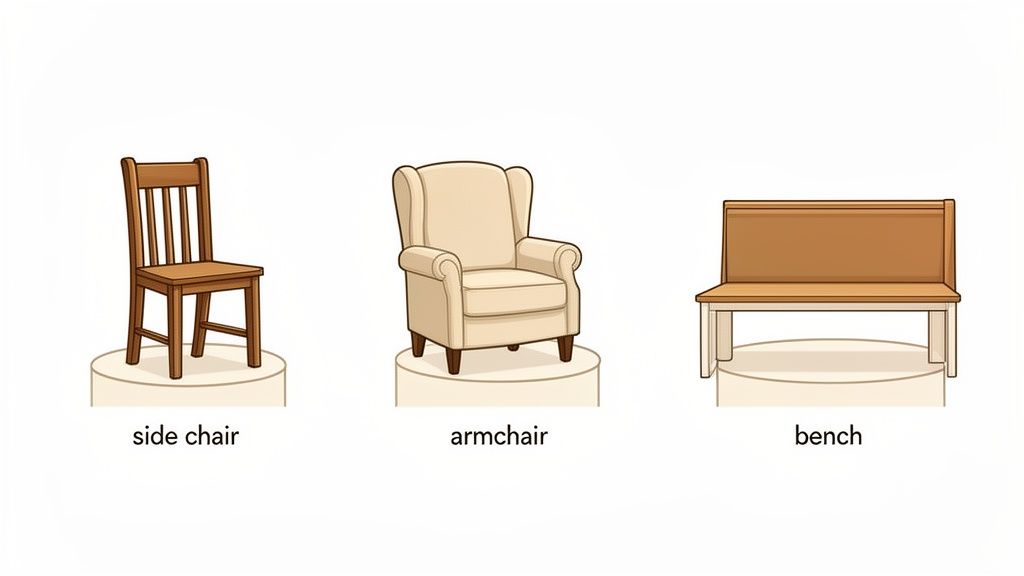 Three seating options: a wooden side chair, an upholstered armchair, and a wooden bench.