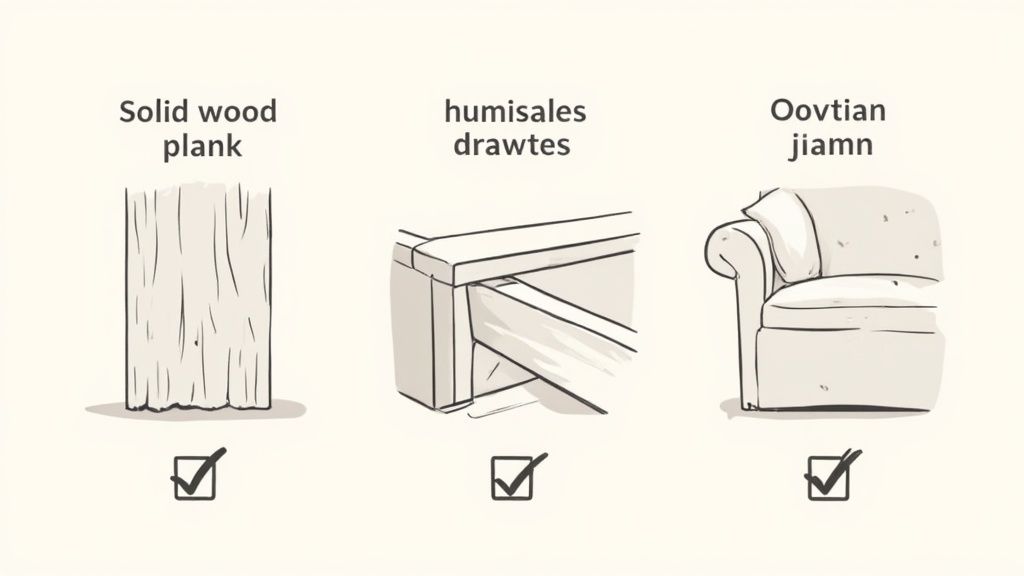 Illustrations showcasing quality furniture components: a solid wood plank, sturdy joint, and comfortable armchair, all checked.