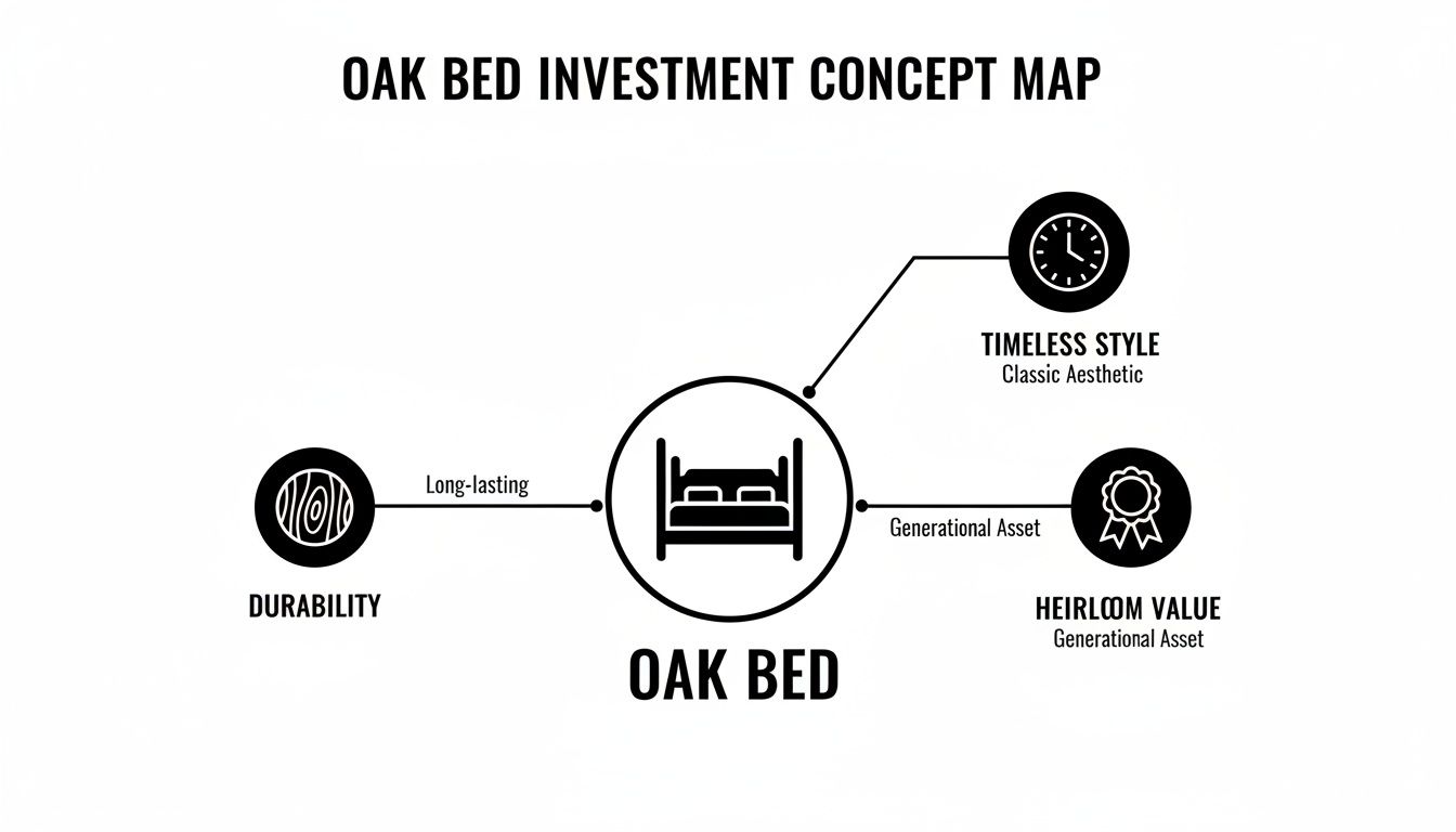 A concept map illustrating oak bed investment benefits: durability, timeless style, and heirloom value as generational assets.