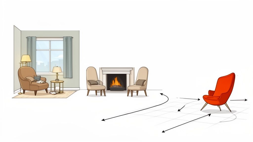An illustration of a living room layout with various accent chairs, a fireplace, and a window.