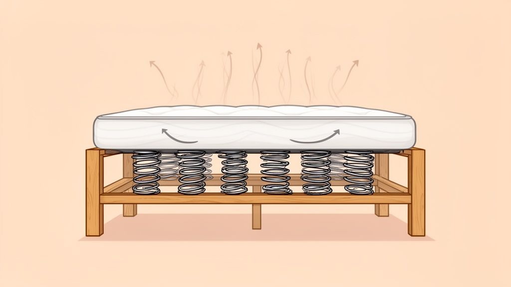 An illustration of a mattress resting on a wooden spring box foundation, demonstrating air circulation.
