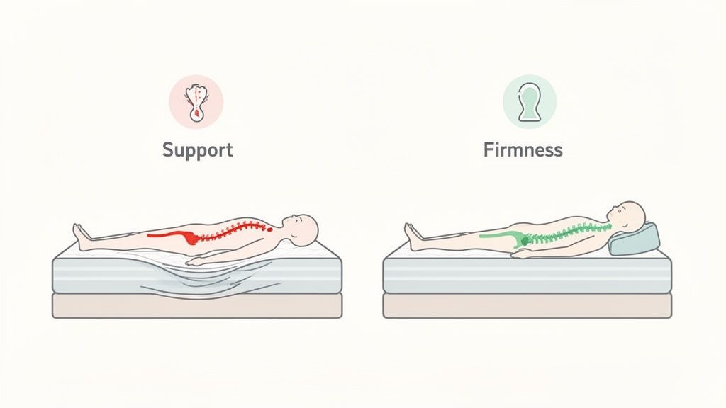 Illustrates the difference between good mattress support (aligned spine) and poor support (curved spine).