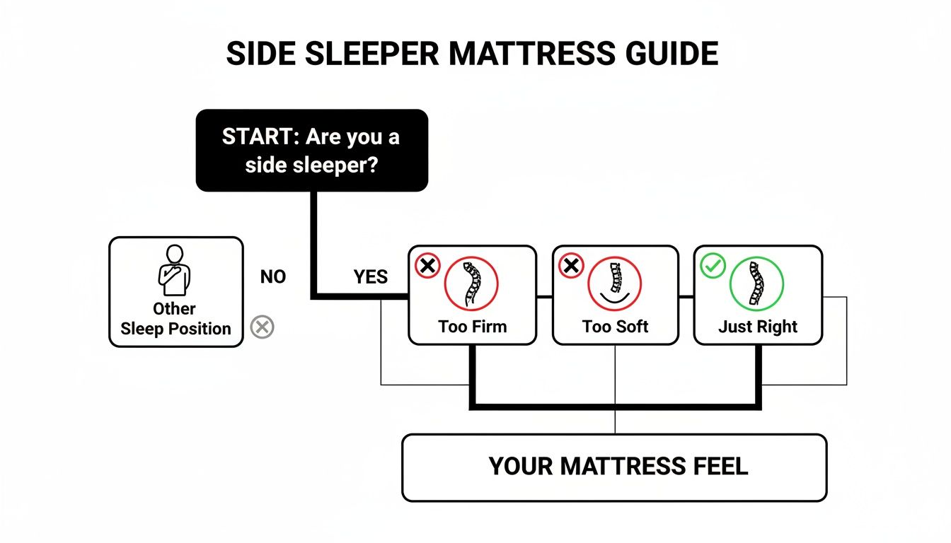 A flowchart guide for side sleepers to find the ideal mattress feel, illustrating spinal alignment for too firm, too soft, and just right.
