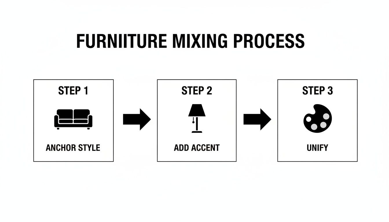 Diagram illustrating a three-step furniture mixing process: anchor style, add accent, and unify.