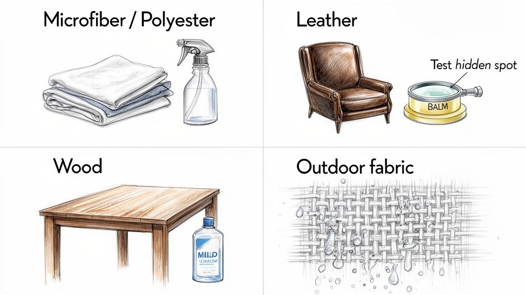 Illustration showing cleaning tips for microfiber/polyester, leather, wood, and outdoor fabrics with specific products.
