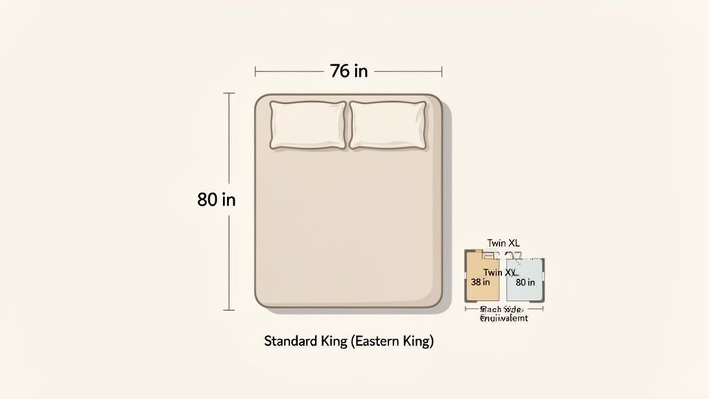 Diagram showing a Standard King bed's dimensions (76x80 inches) and its equivalence to two Twin XL beds.