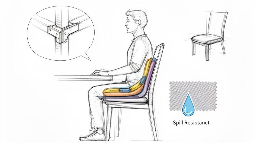 A sketch illustrating ergonomic dining chair features: lumbar support, seat cushioning, sturdy joint, and spill-resistant fabric.