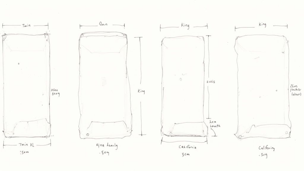 Hand-drawn sketches illustrating various bed sheet sizes including Twin, Queen, King, and California King with annotations.