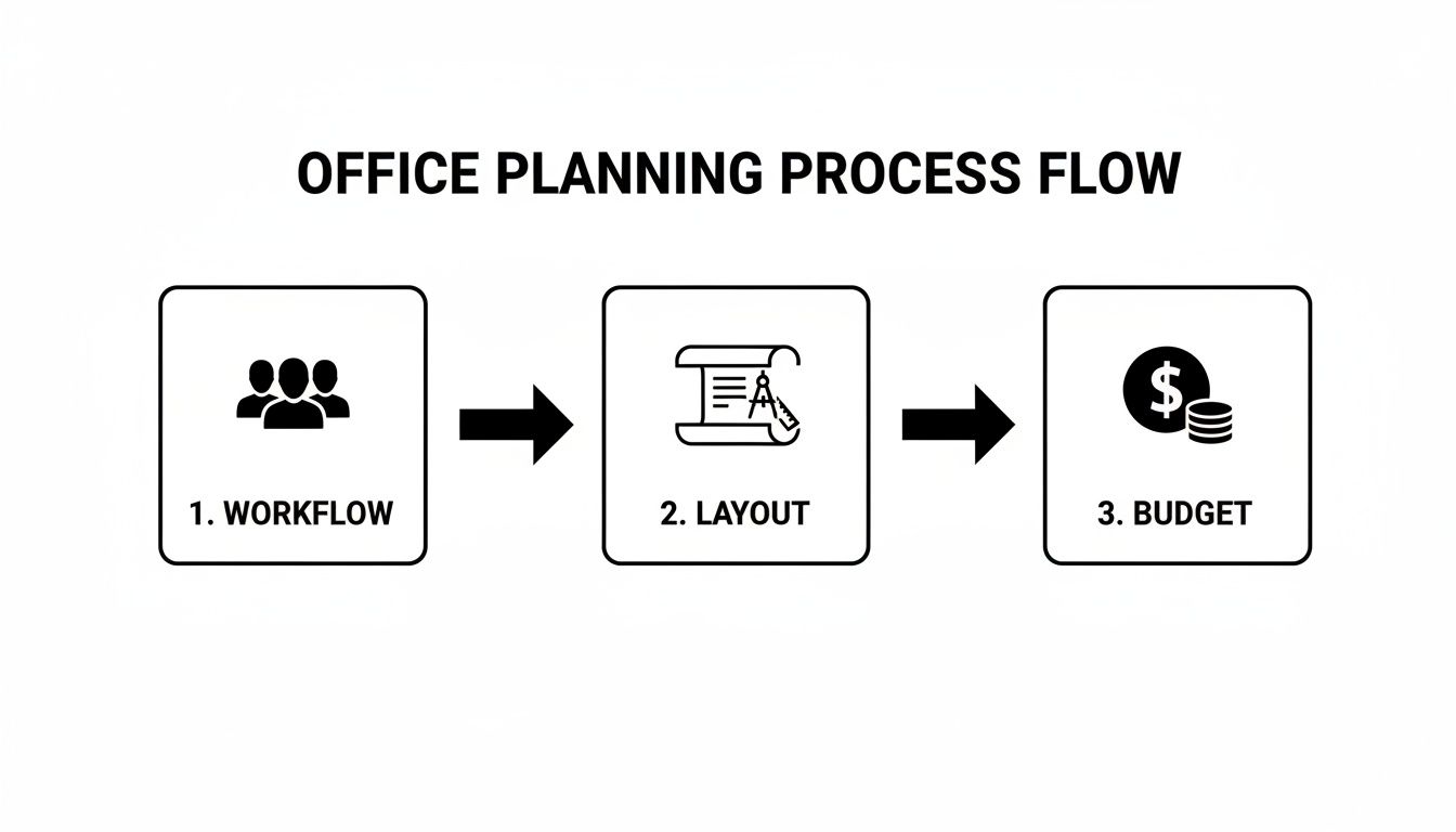 A diagram illustrating the office planning process flow, detailing workflow, layout design, and budget stages.