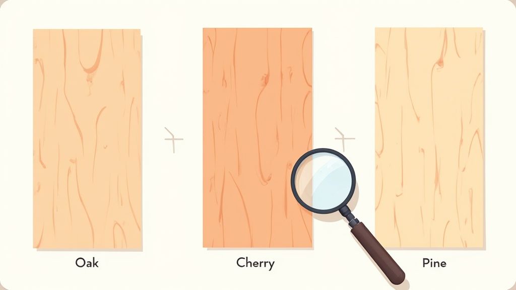 Three wood samples showing oak, cherry, and pine grain patterns with magnifying glass for identification