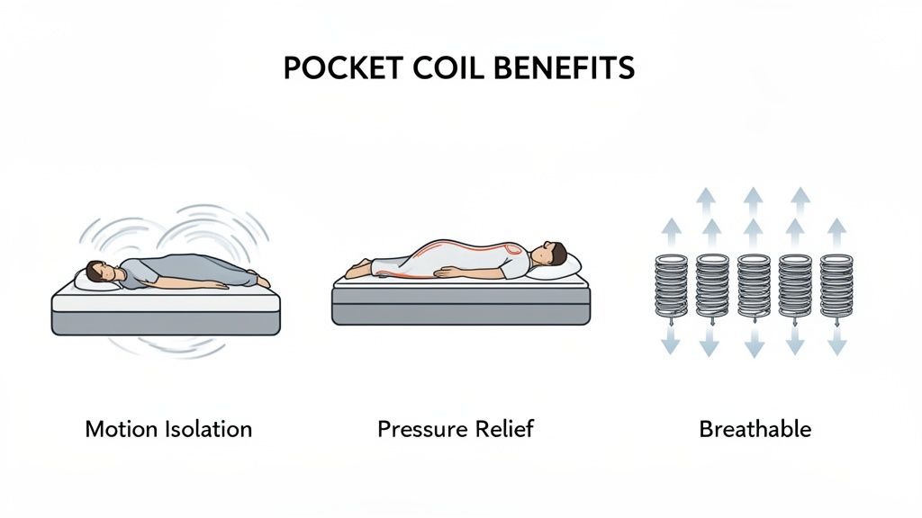 Illustration showing pocket coil mattress benefits: motion isolation, pressure relief, and breathability.