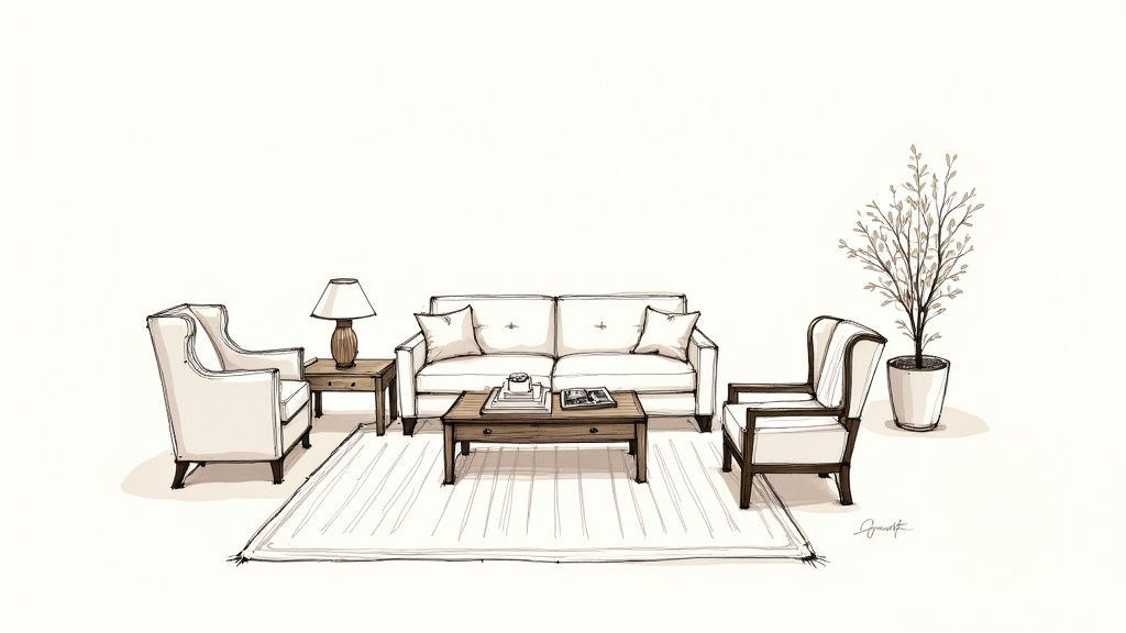 A minimalist line drawing of a modern living room setup with a sofa, two armchairs, coffee table, and a potted plant.