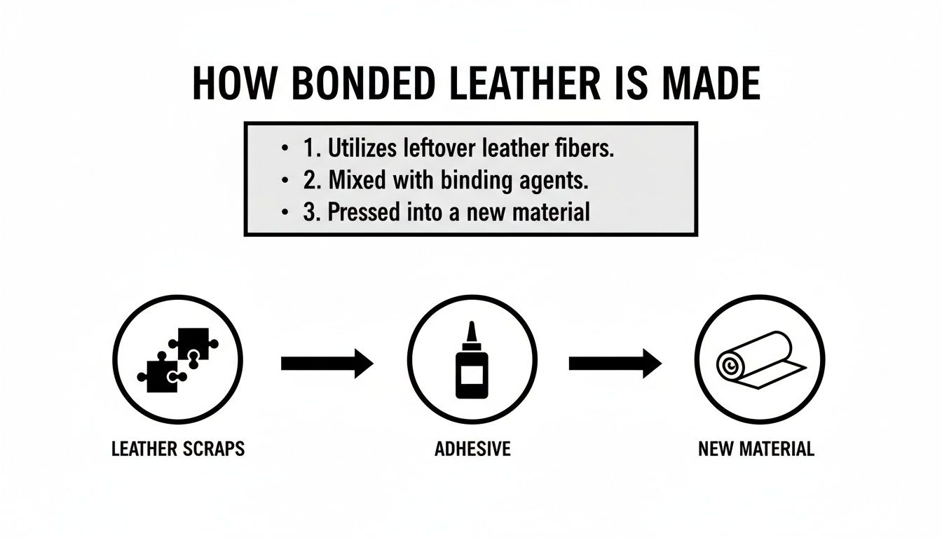 A diagram illustrating the three-step process of making bonded leather from leather scraps and adhesive.