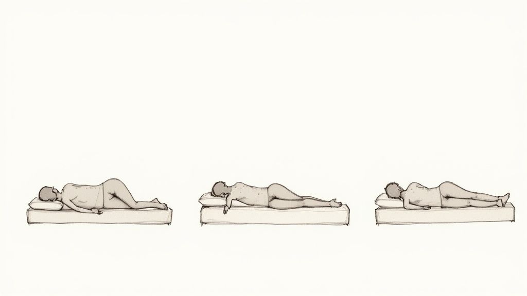 Three illustrations show different side sleeping positions on a mattress with a pillow for comfort.