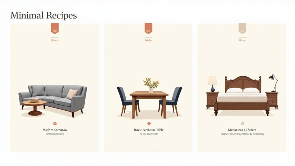 Three panels showcasing minimalist furniture sets: a sofa with coffee table, a dining set, and a bedroom set.