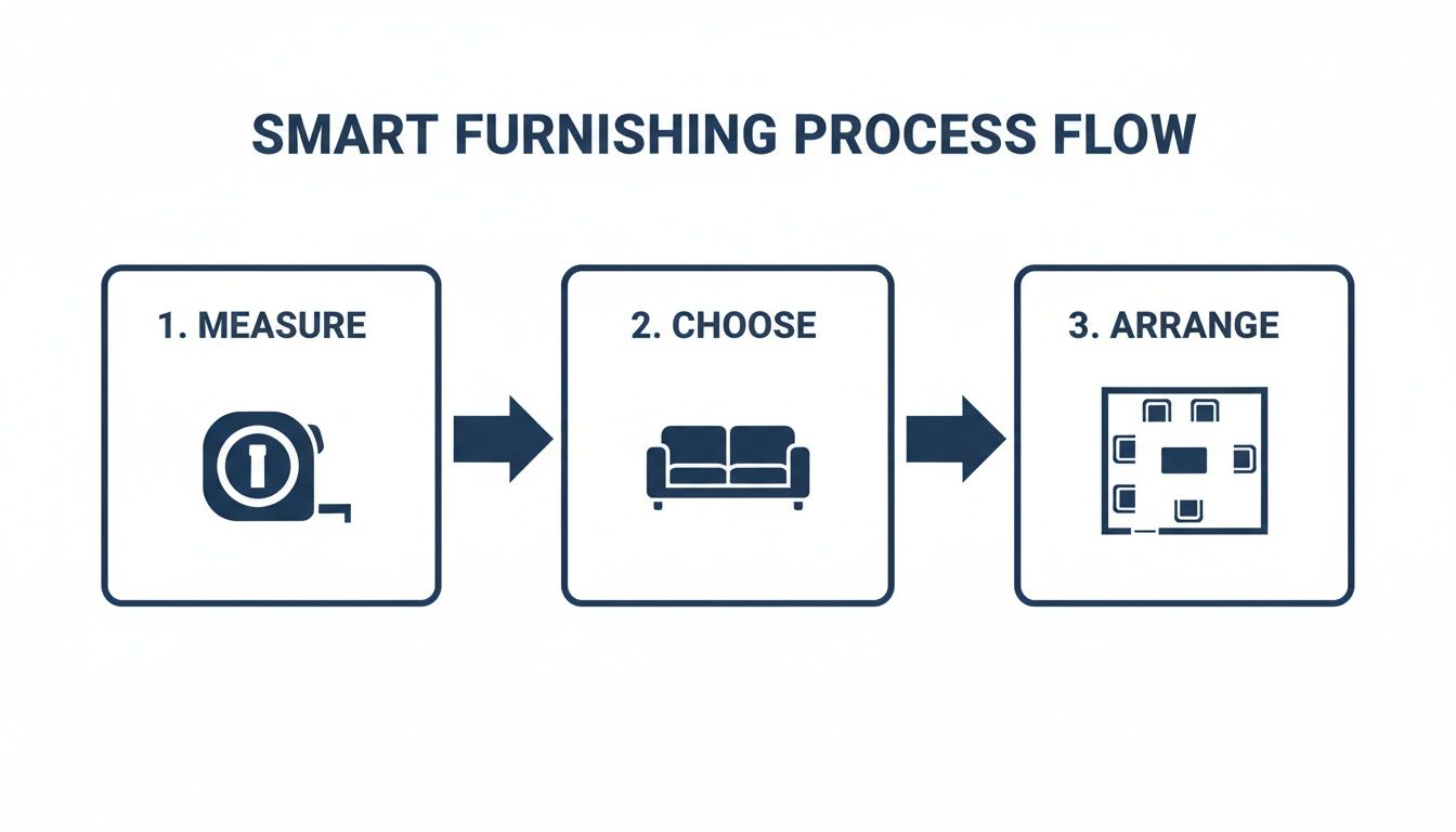 A flow chart illustrating the smart furnishing process: measure, choose furniture, and arrange.