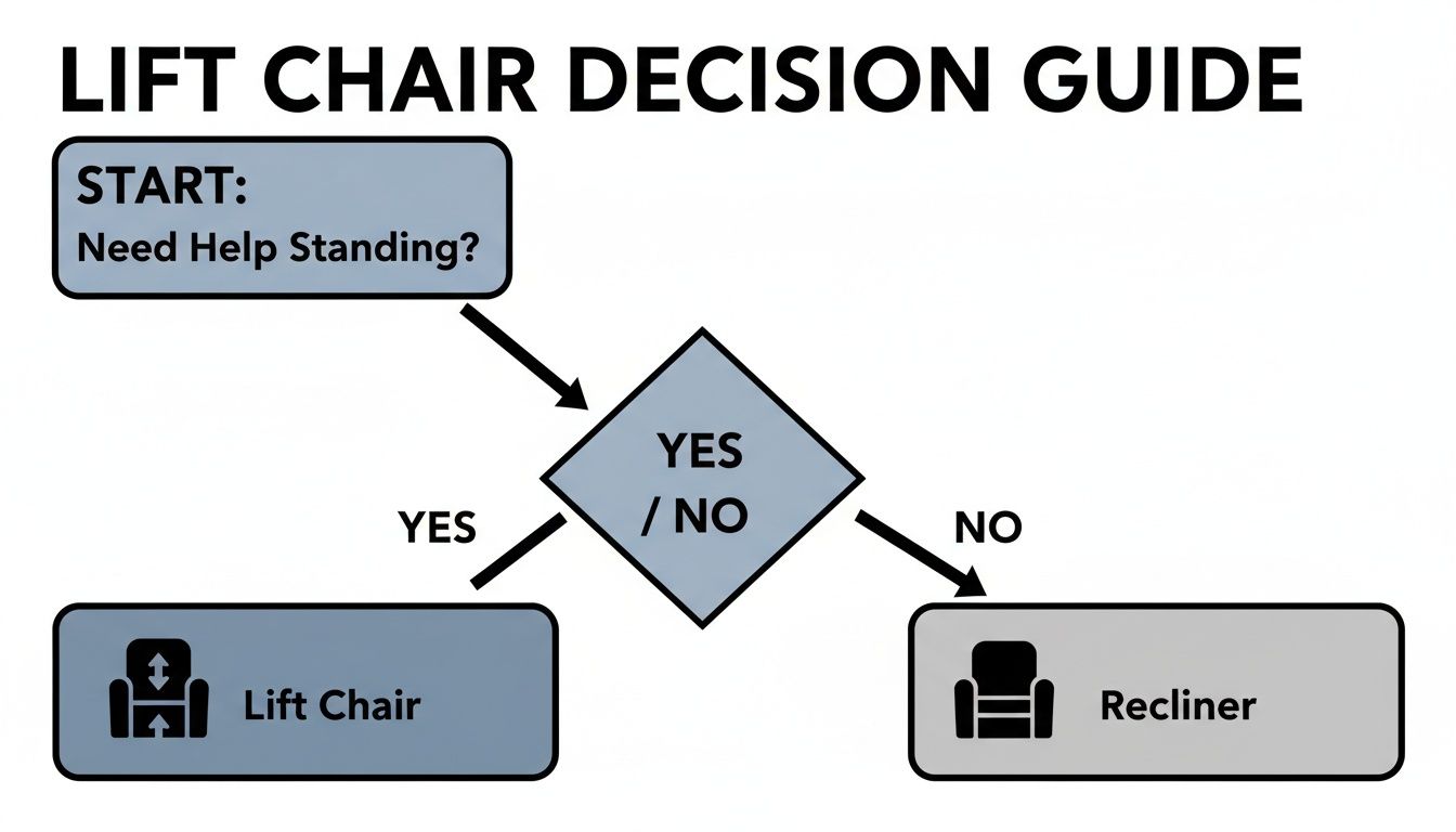 Flowchart decision guide for choosing between a lift chair and a recliner based on standing needs.