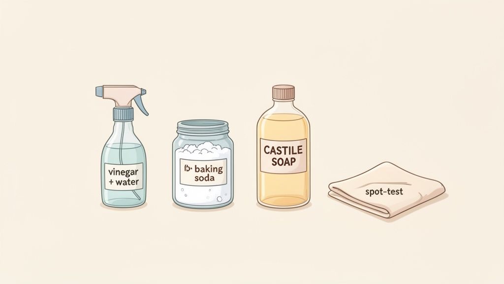 A spray bottle of vinegar and water, baking soda, castile soap, and a spot-test cloth.