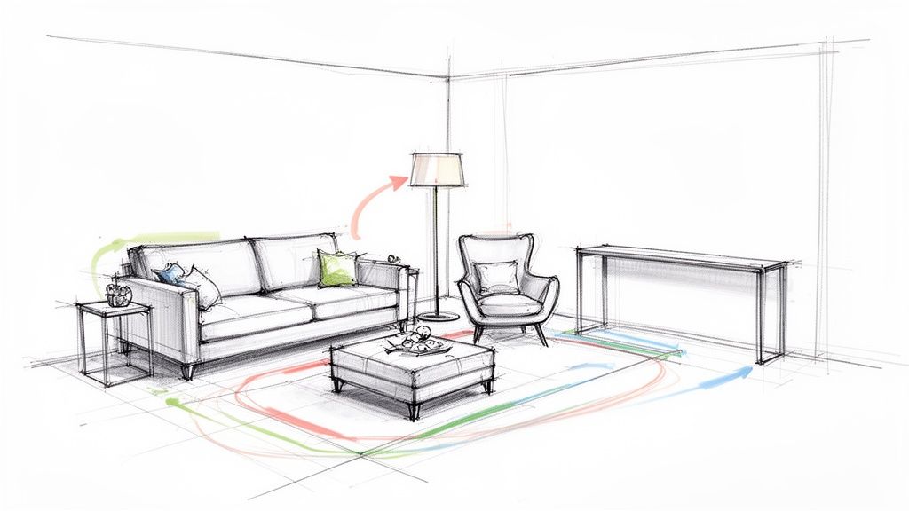 A detailed interior design sketch showcasing a modern living room layout with various accent furniture pieces.