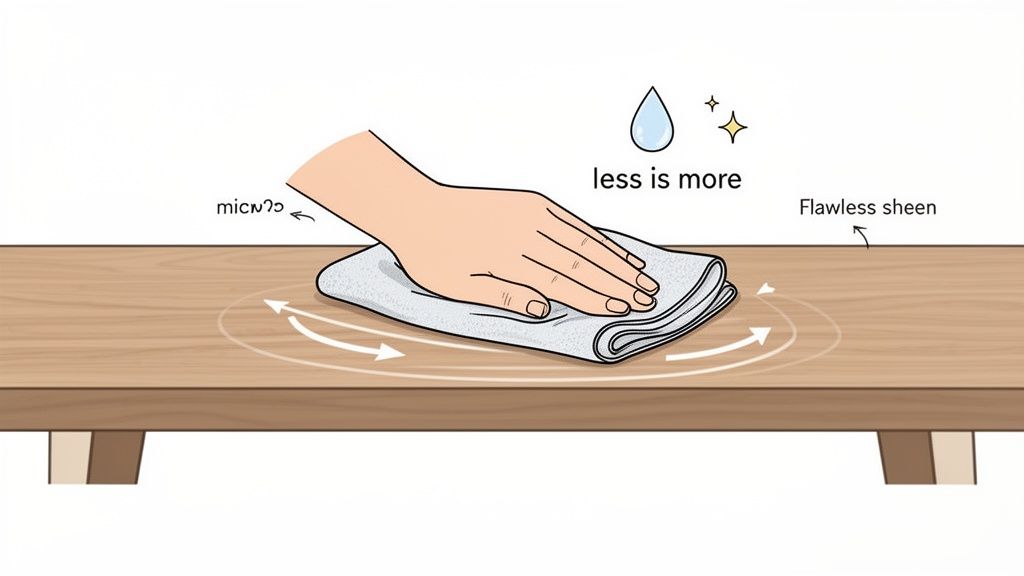 A hand uses a cloth to polish a wooden table in circular motions, achieving a flawless sheen with 'less is more' approach.