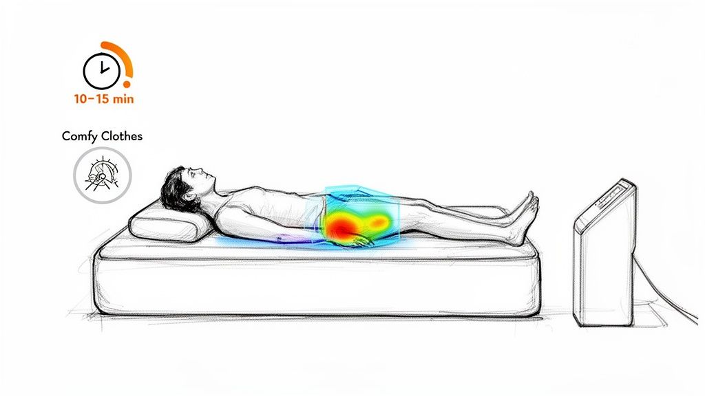 Illustration of a person lying on a bed, experiencing targeted thermal therapy from a device for 10-15 minutes.
