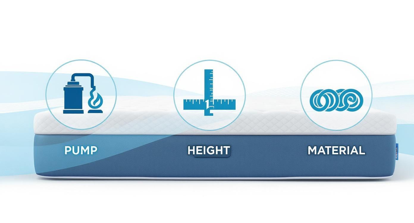 A mattress with three circular icons representing pump, height measurement, and material composition.