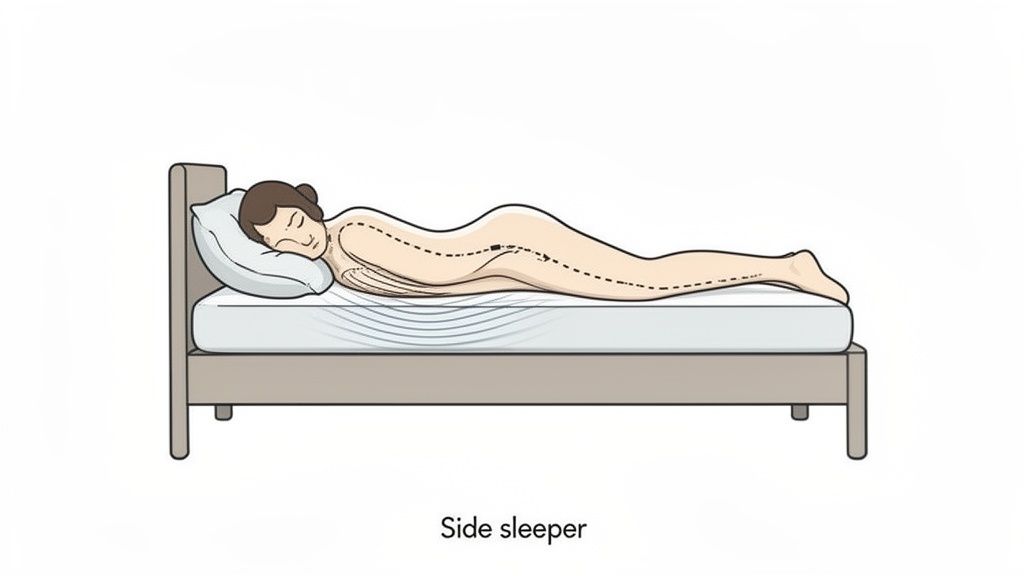 An illustration of a person sleeping on their side in a bed, showing proper spinal alignment on a supportive mattress.