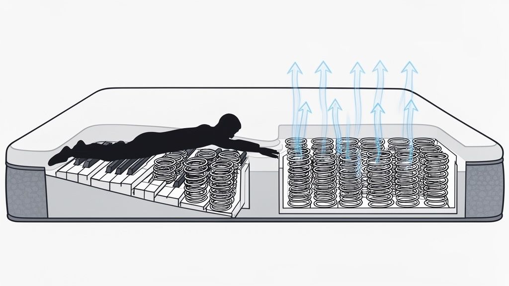 Cutaway mattress diagram showing a person on piano keys versus ventilated pocket springs.