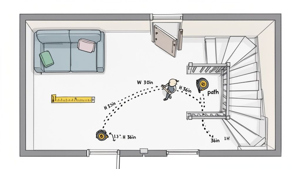 Floor plan illustrating a person navigating a wide object along a measured path around a corner and up stairs.