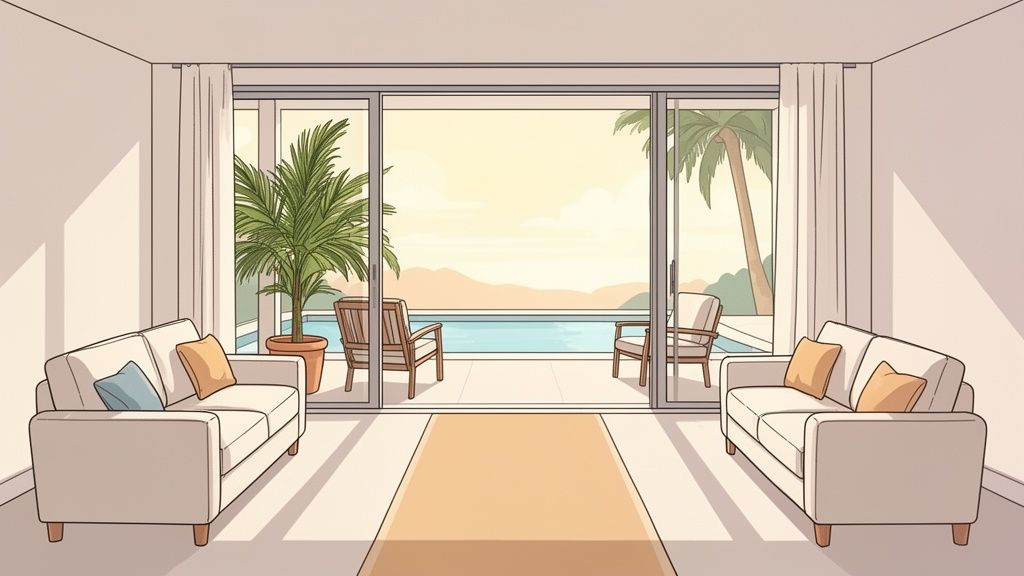 A bright living room with two sofas, an indoor plant, and an outdoor swimming pool with tropical palm trees.