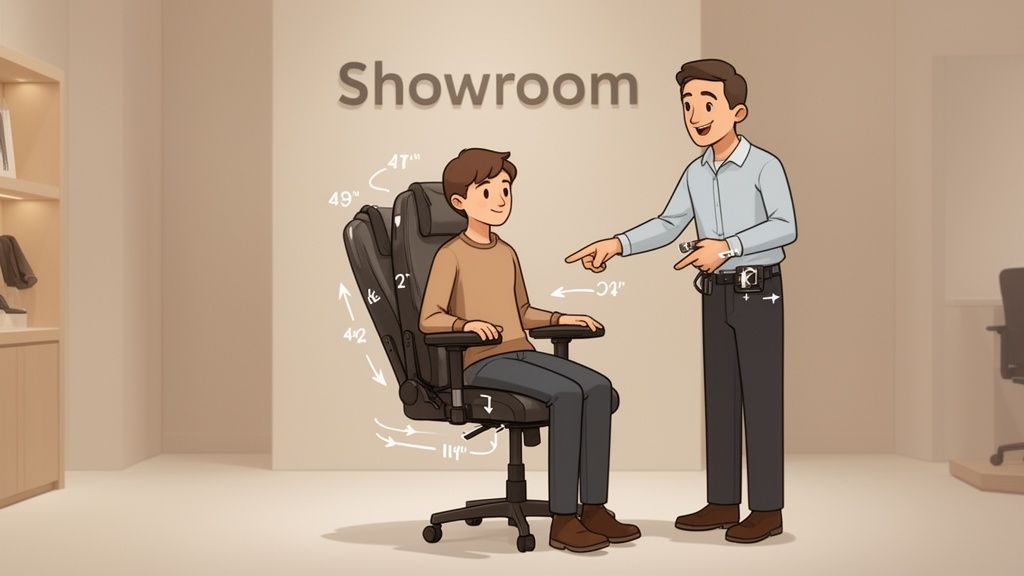 Customer trying an adjustable ergonomic office chair in a showroom, with a salesperson pointing out features.