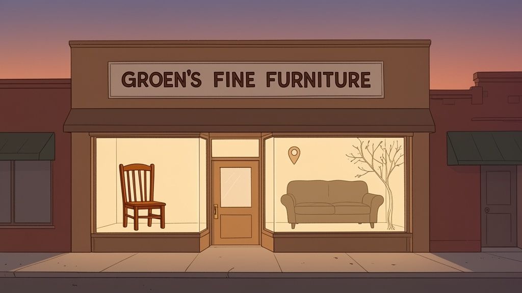 Groen's Fine Furniture storefront at dusk, displaying a wooden chair, sofa, and a map pin.