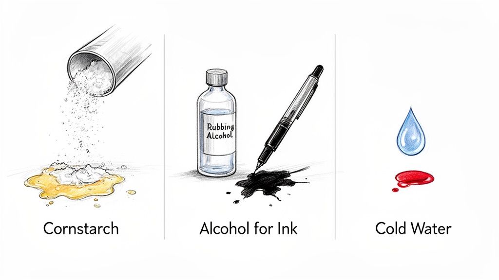 Illustrations show cornstarch being applied to a yellow stain, rubbing alcohol for ink, and cold water for a red spill.