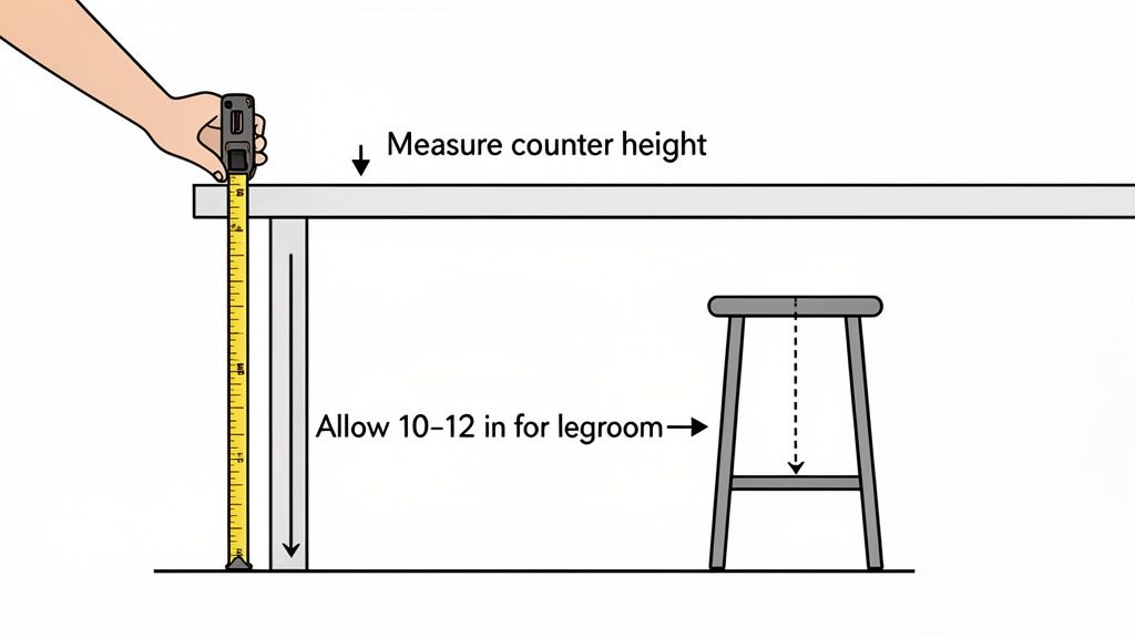 A hand measures counter height with a tape measure, indicating 10-12 inches legroom for a stool.