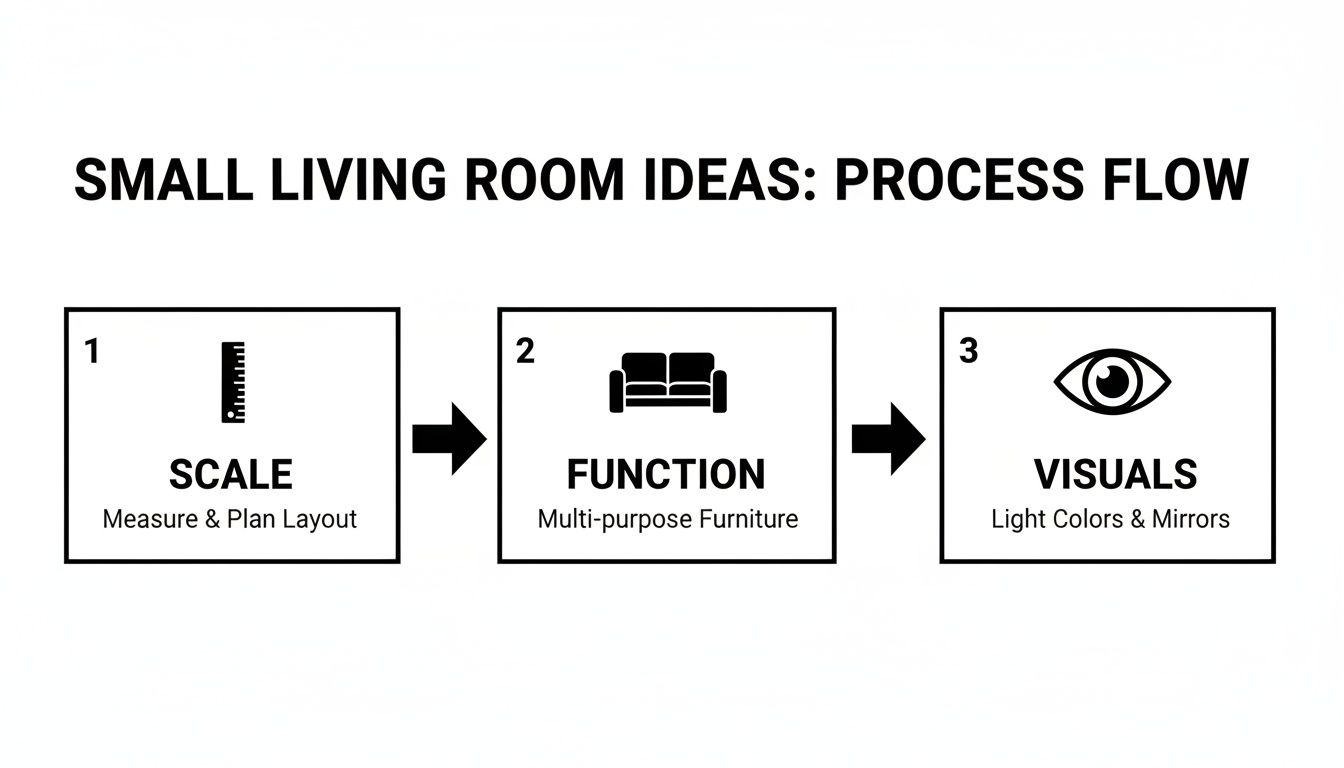Process flow diagram showing three steps for small living room ideas: Scale, Function, Visuals.