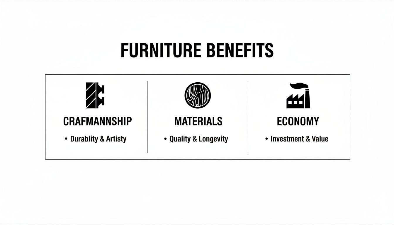 An infographic detailing furniture benefits: craftsmanship, materials, and economy with their respective qualities.
