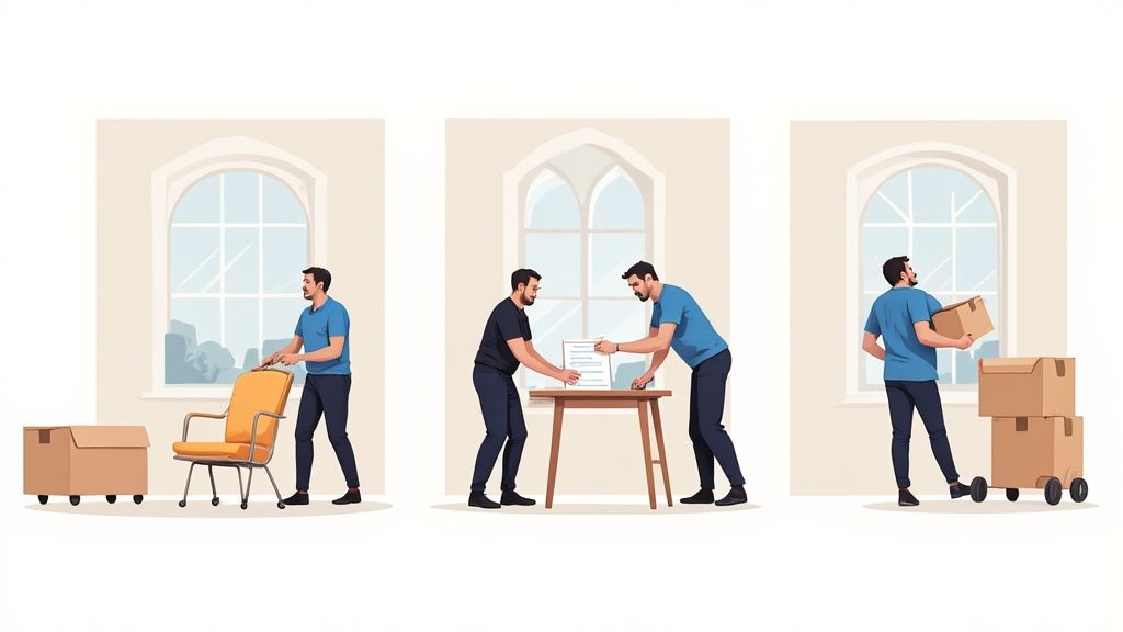 Three scenes of people moving furniture and boxes indoors, showcasing a delivery service.