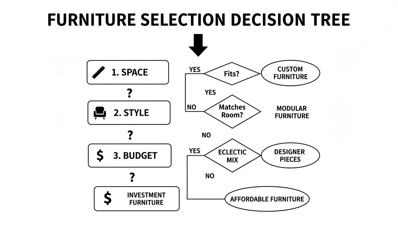 A decision tree flow chart for furniture selection, considering space, style, budget, and investment.