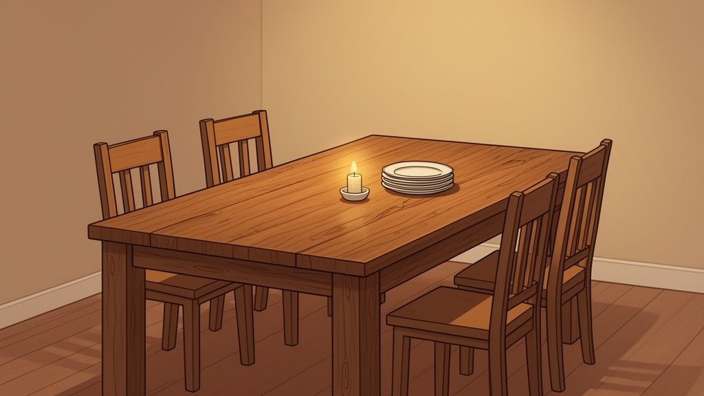 A rustic wooden dining table with four chairs, a lit candle, and a stack of plates.