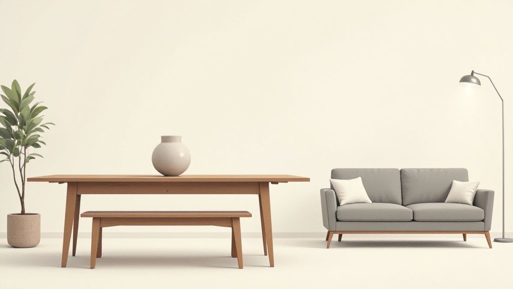 A minimalist room featuring a wooden dining table, bench, green plant, gray sofa, and floor lamp.