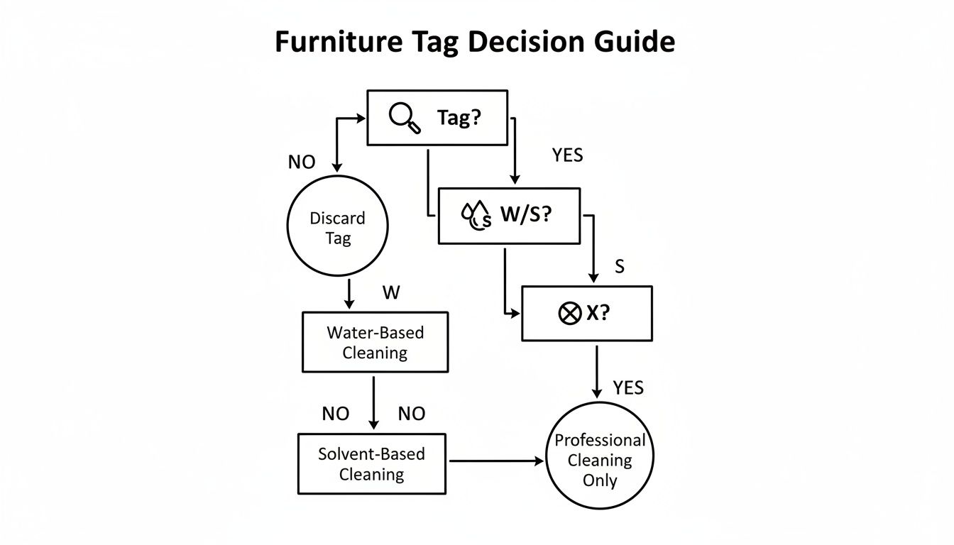 A flowchart decision guide for cleaning furniture tags, leading to water-based, solvent-based, or professional cleaning.